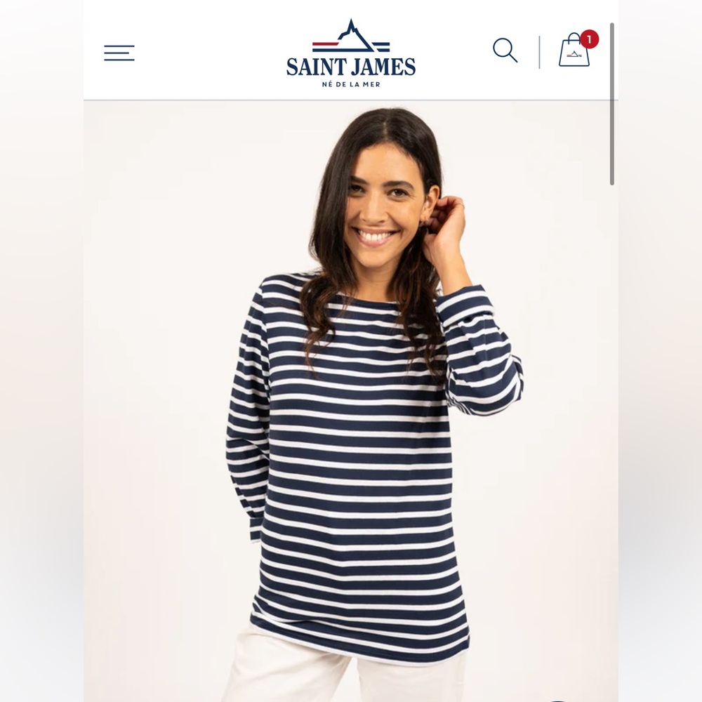 Saint James Minquiers Modern long sleeve tee, Navy/White, Small